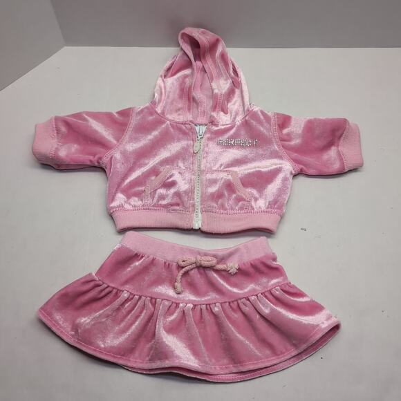 Build A Bear Pink Velour Velvet Outfit Hoodie Jacket Skirt Bedazzled Perfect - Picture 1 of 8